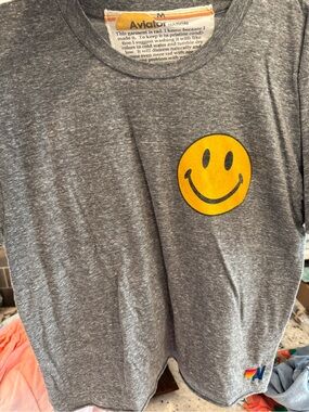 Aviator Nation womens Grey Smiley Face Tee - Yellow Graphic